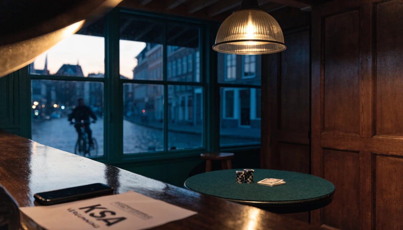 Lege Hollandse cafétafel met casinofiches en een telefoon met de rug naar boven