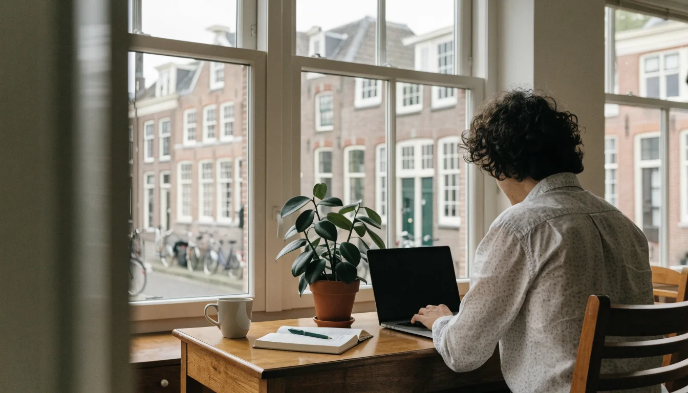 Persoon aan bureau met laptop in Nederlands appartement, grachtenpanden zichtbaar door raam