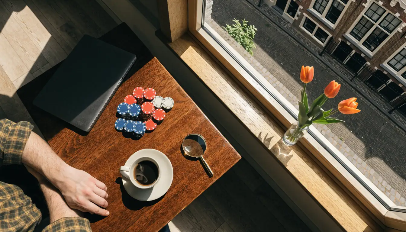 Stapel casinofiches, gesloten laptop en vergrootglas op een houten tafel, Amsterdamse grachtenpanden op de achtergrond.