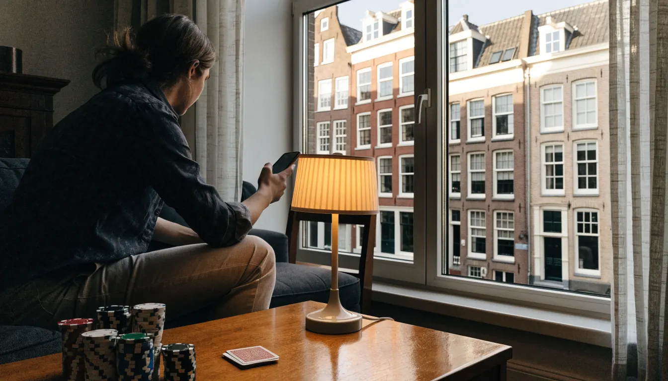 Persoon in Nederlandse huiskamer met pokerfiches en kaarten, grachtenpanden door het raam.