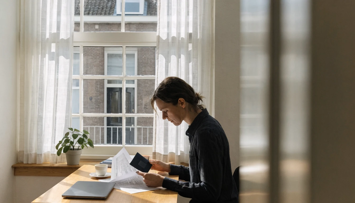 Persoon die documenten controleert aan een bureau met koffie