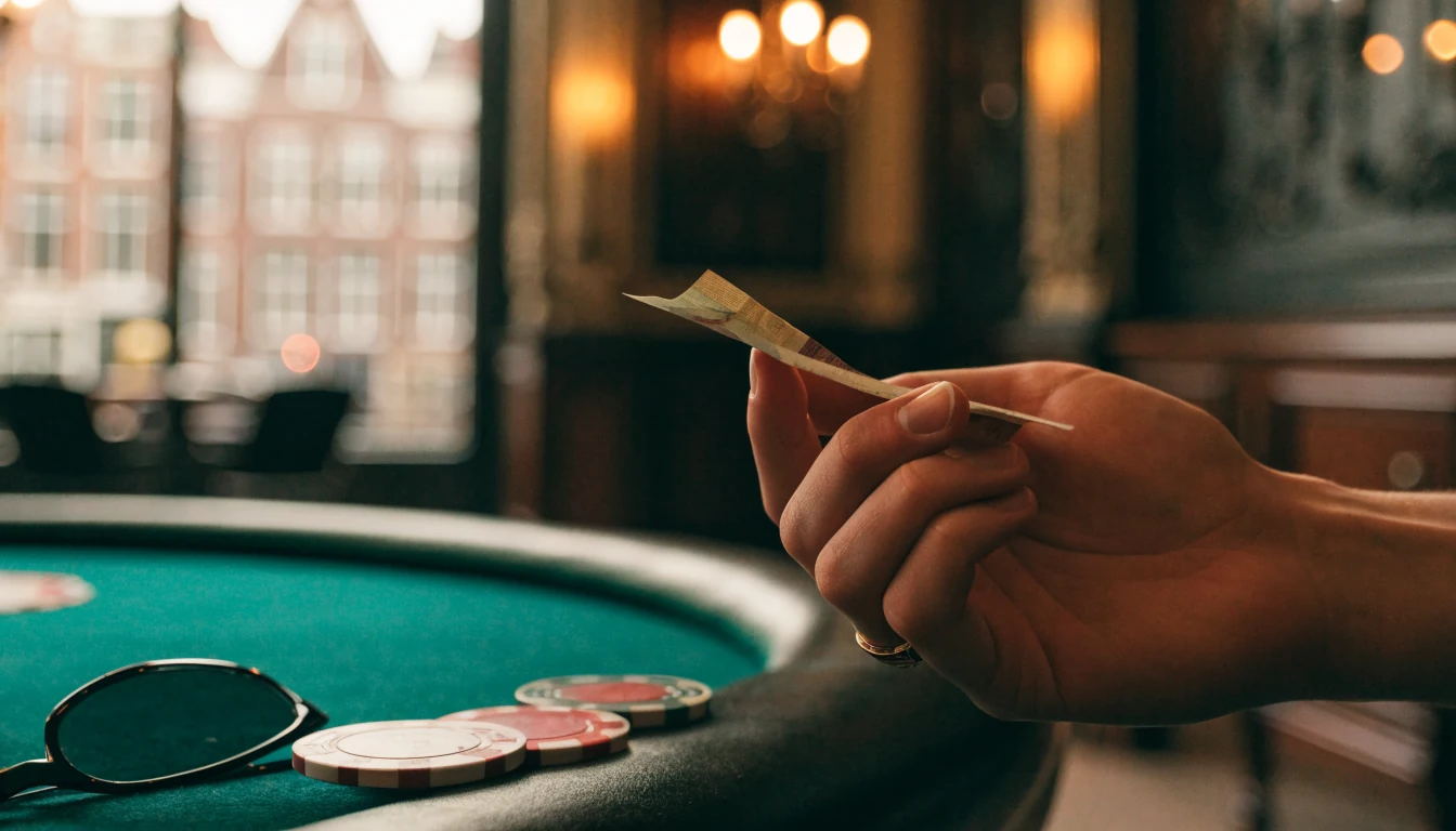 Rustige casinokoop met fiches en eurobiljet in Amsterdamse stijl