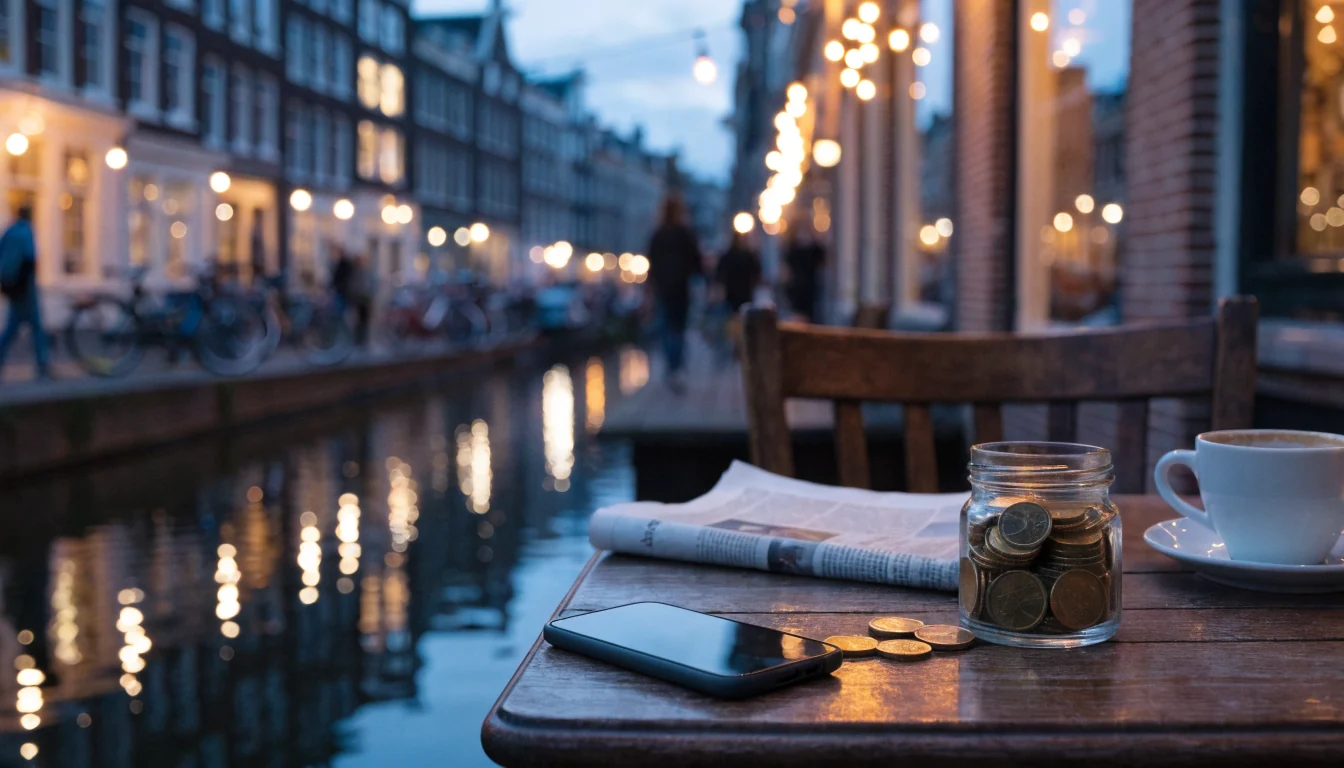 Smartphone en potje met euromunten op een houten tafel aan een Amsterdamse gracht bij schemering.