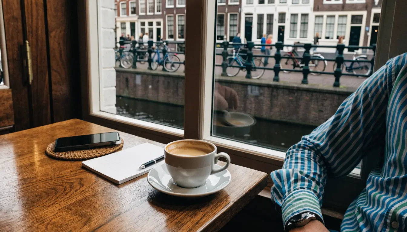 Nederlands cafe met notitieboek en telefoon aan tafel, grachtenpand op de achtergrond