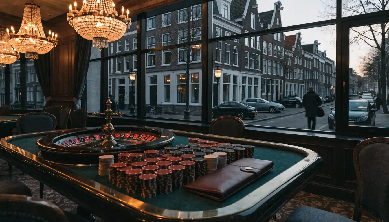 Elegante casinozaal met roulettetafel en hoge inzet chips