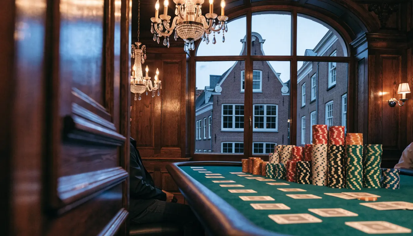 Stapels casinofiches en speelkaarten op groene speeltafel, Nederlands grachtenpand door raam