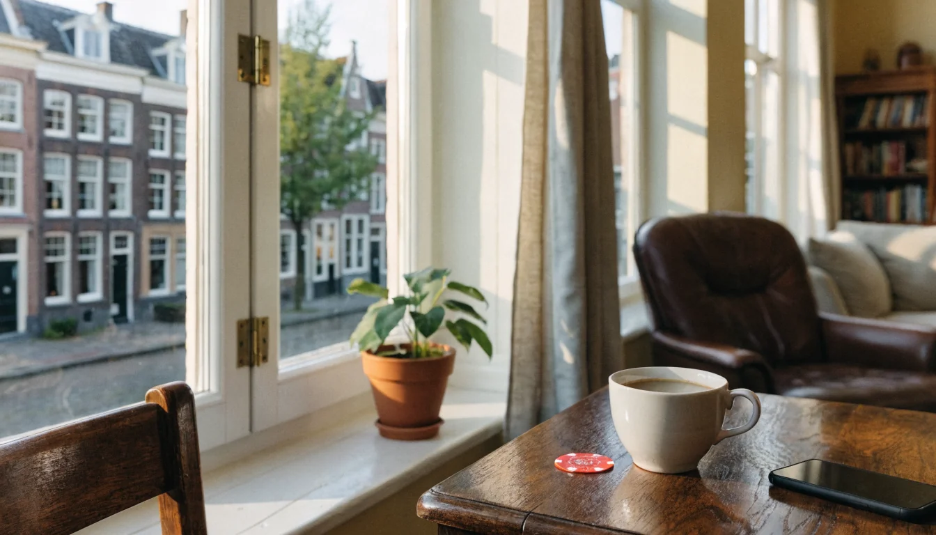 Nederlands interieur met casinofiche, koffie en telefoon op tafel