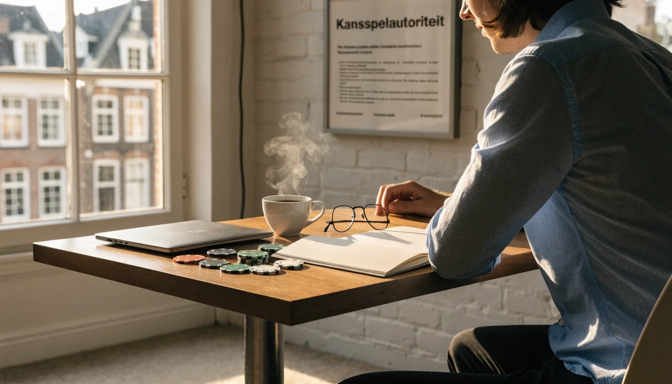 Nederlandse speler aan bureau met gesloten laptop en KSA-vergunning aan de muur