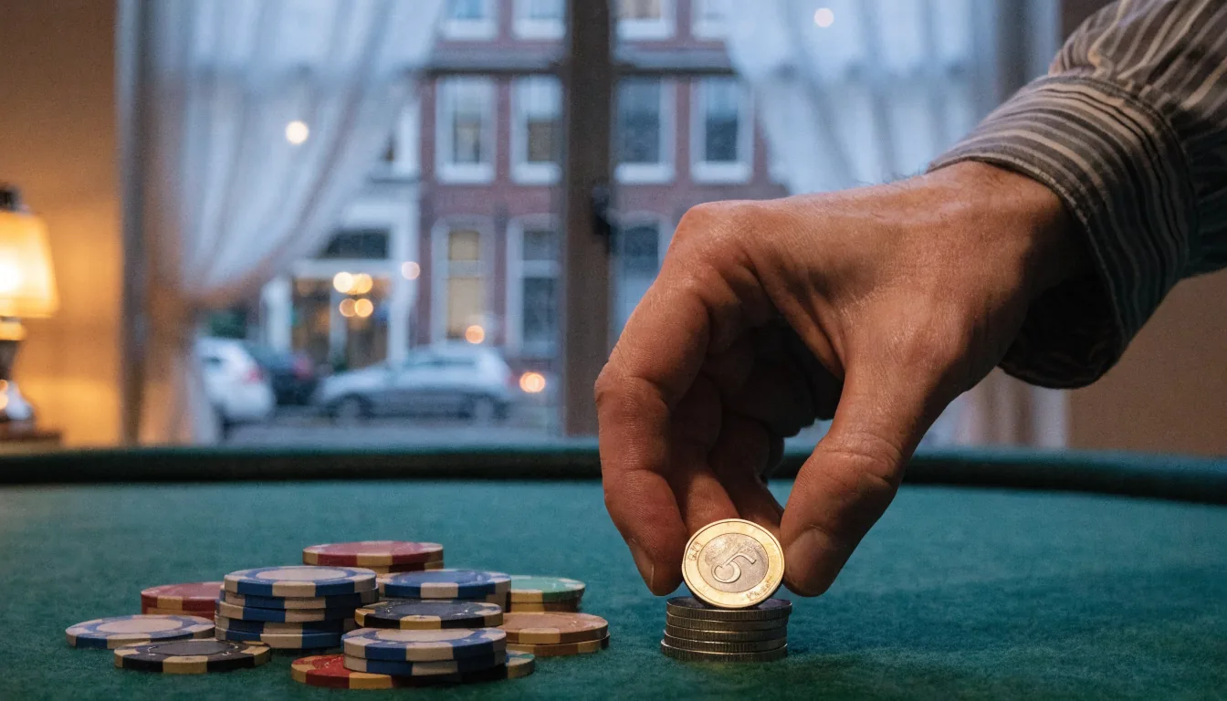 Hand legt vijf-euromunten op groene casinotafel met stapel fiches