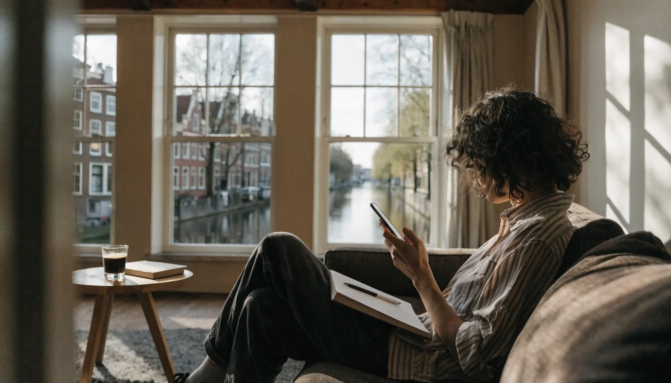 Nederlandse woonkamer met uitzicht op een gracht, persoon op de bank met een telefoon.