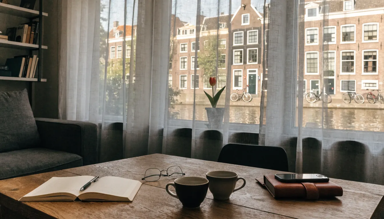 Lichte Amsterdamse woonkamer met notitieboek, koffie en telefoon op tafel.