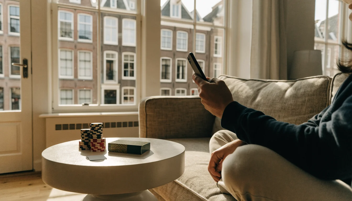 Persoon in moderne Nederlandse woonkamer speelt casinospel alleen op smartphone, zonder contact