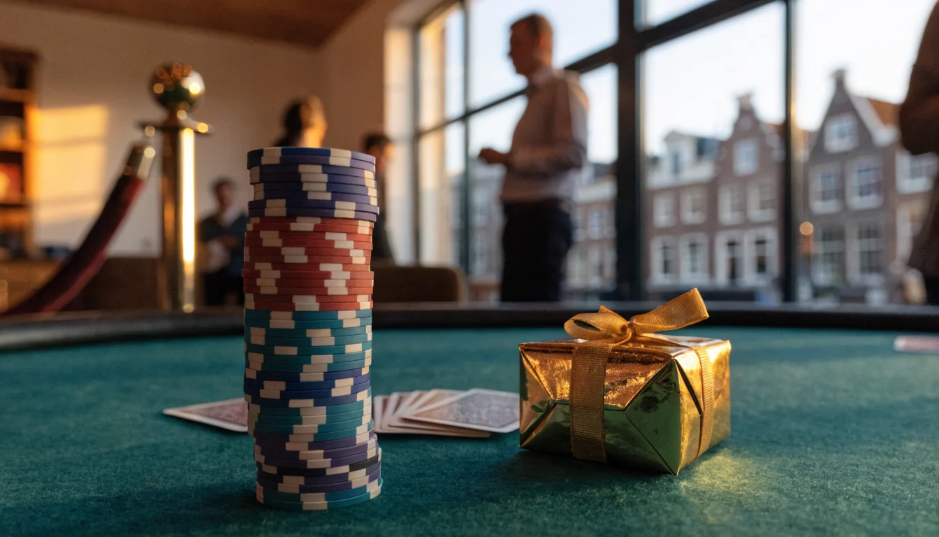 Stapel casinofiches en cadeaudoos op groene speeltafel in modern Nederlands interieur