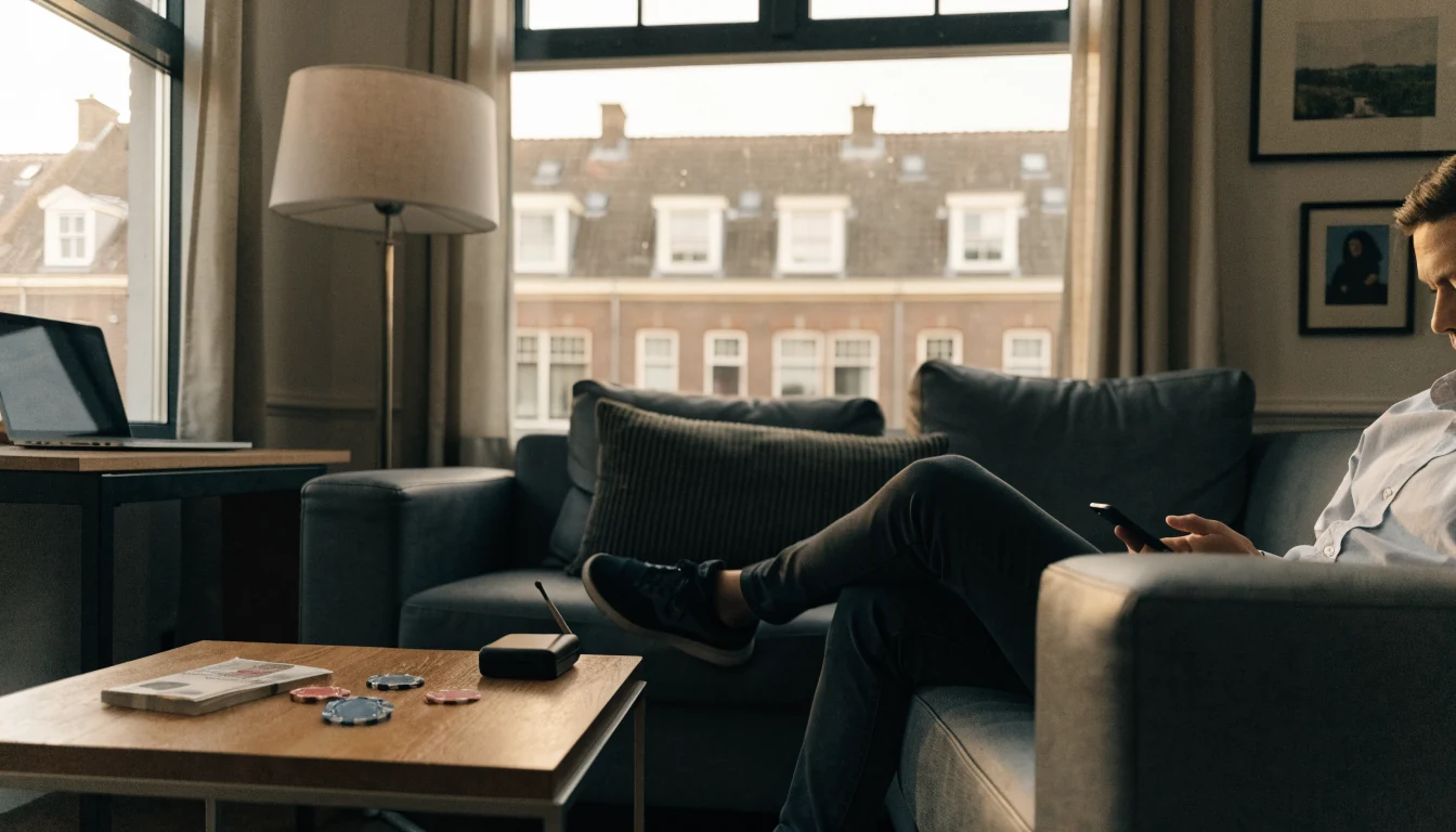 Nederlandse woning met euro's, fiches en smartphone voor snelle casino-uitbetaling