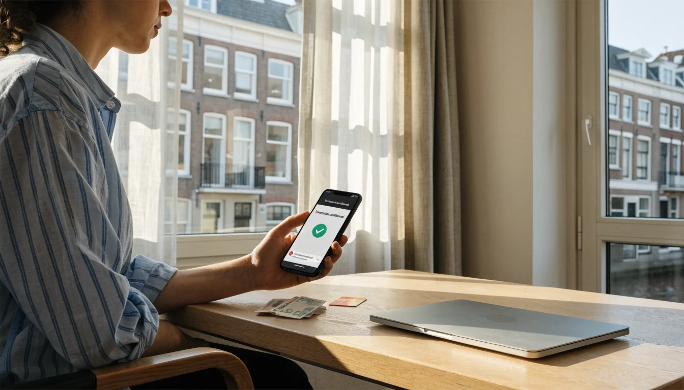 Persoon aan tafel controleert snelle bankuitbetaling op smartphone in licht Nederlands interieur
