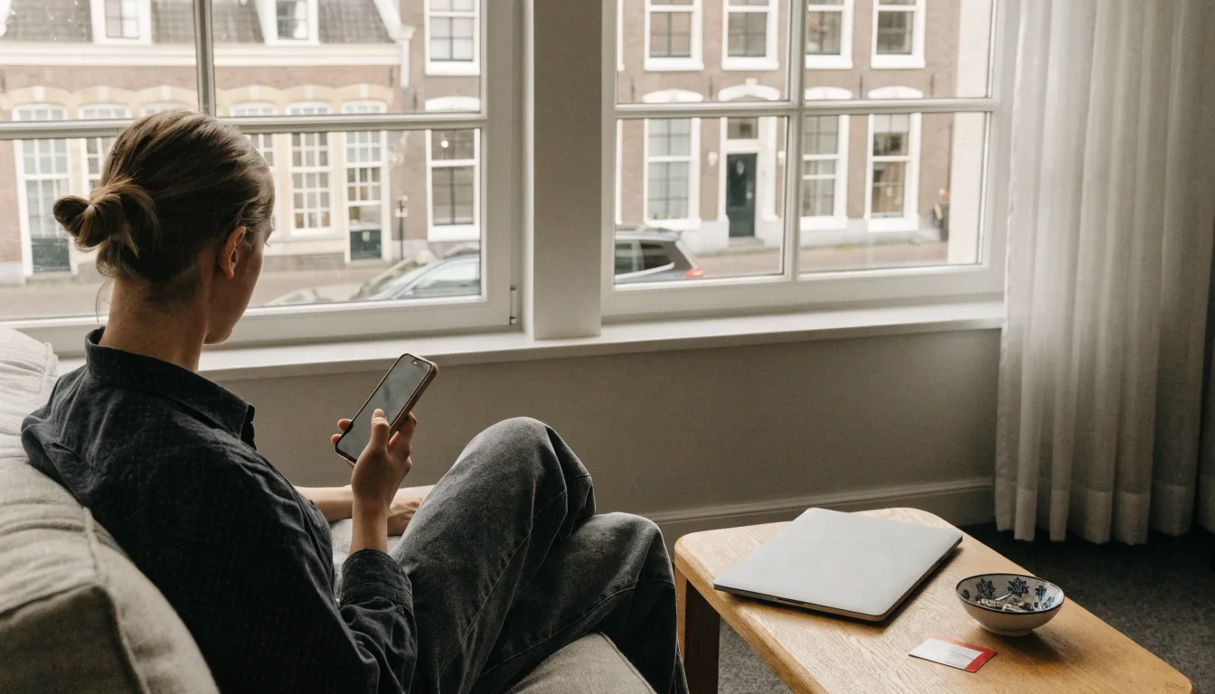Persoon in Nederlandse woonkamer met smartphone en identiteitskaart op tafel