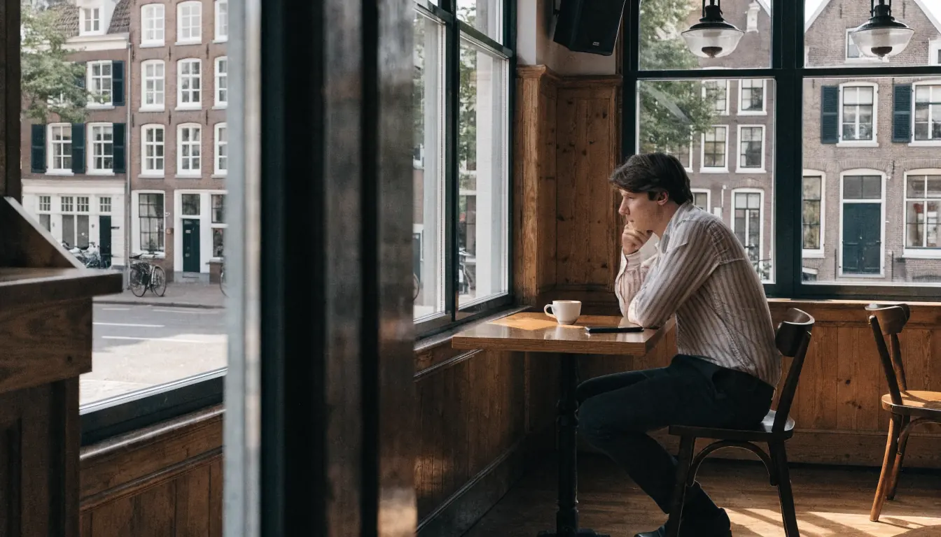 Man alleen in een Amsterdams café, smartphone ondersteboven op tafel