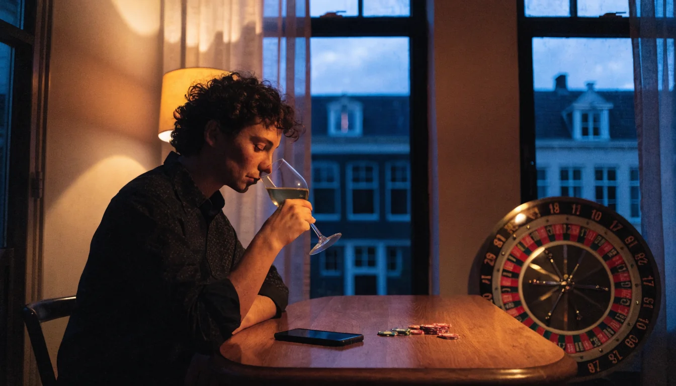 Sfeervol Amsterdam grachtenpand met speler aan tafel, chips en roulette.