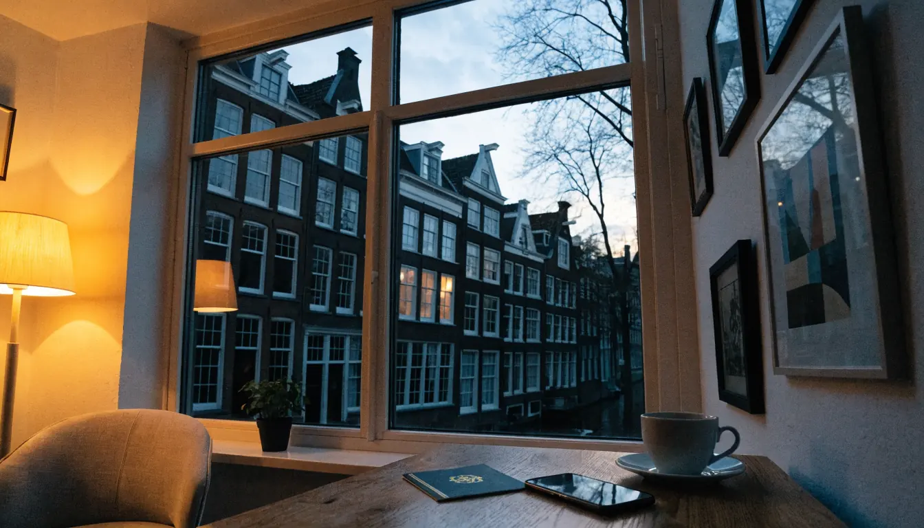 Amsterdamse woning met paspoort, telefoon en koffie op tafel bij raam.