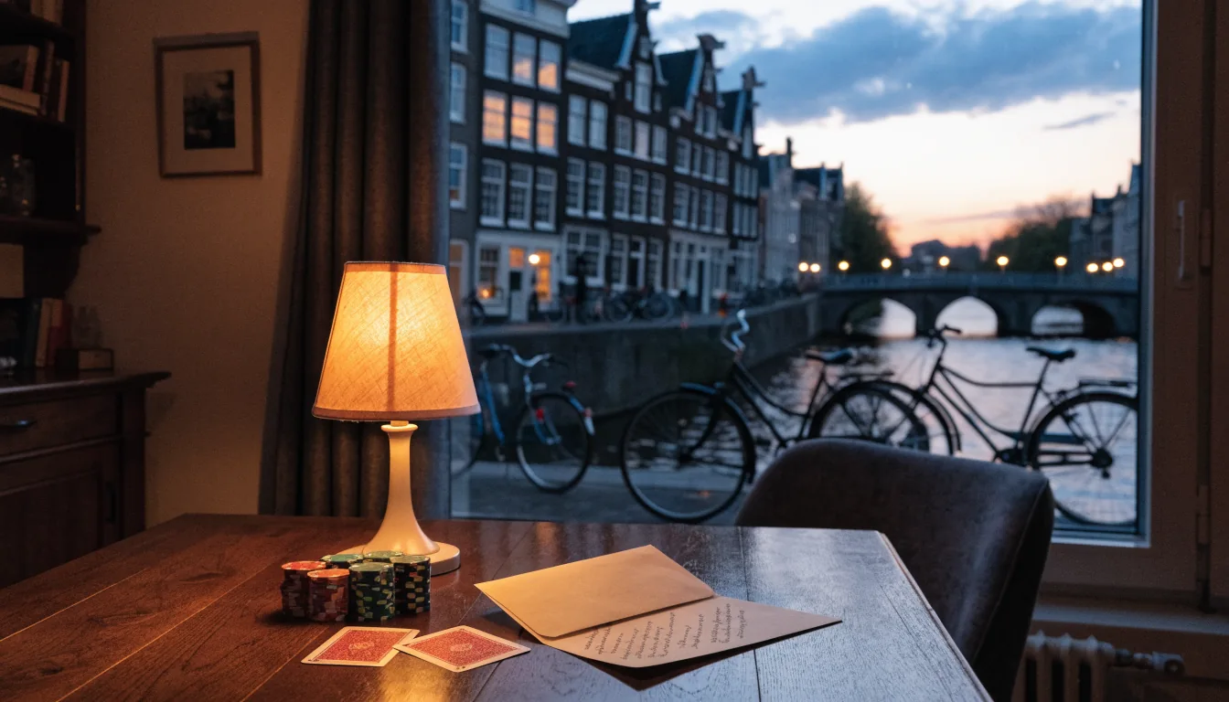 Stapel casinofiches en een geopende envelop op een houten tafel in een Nederlandse woonkamer