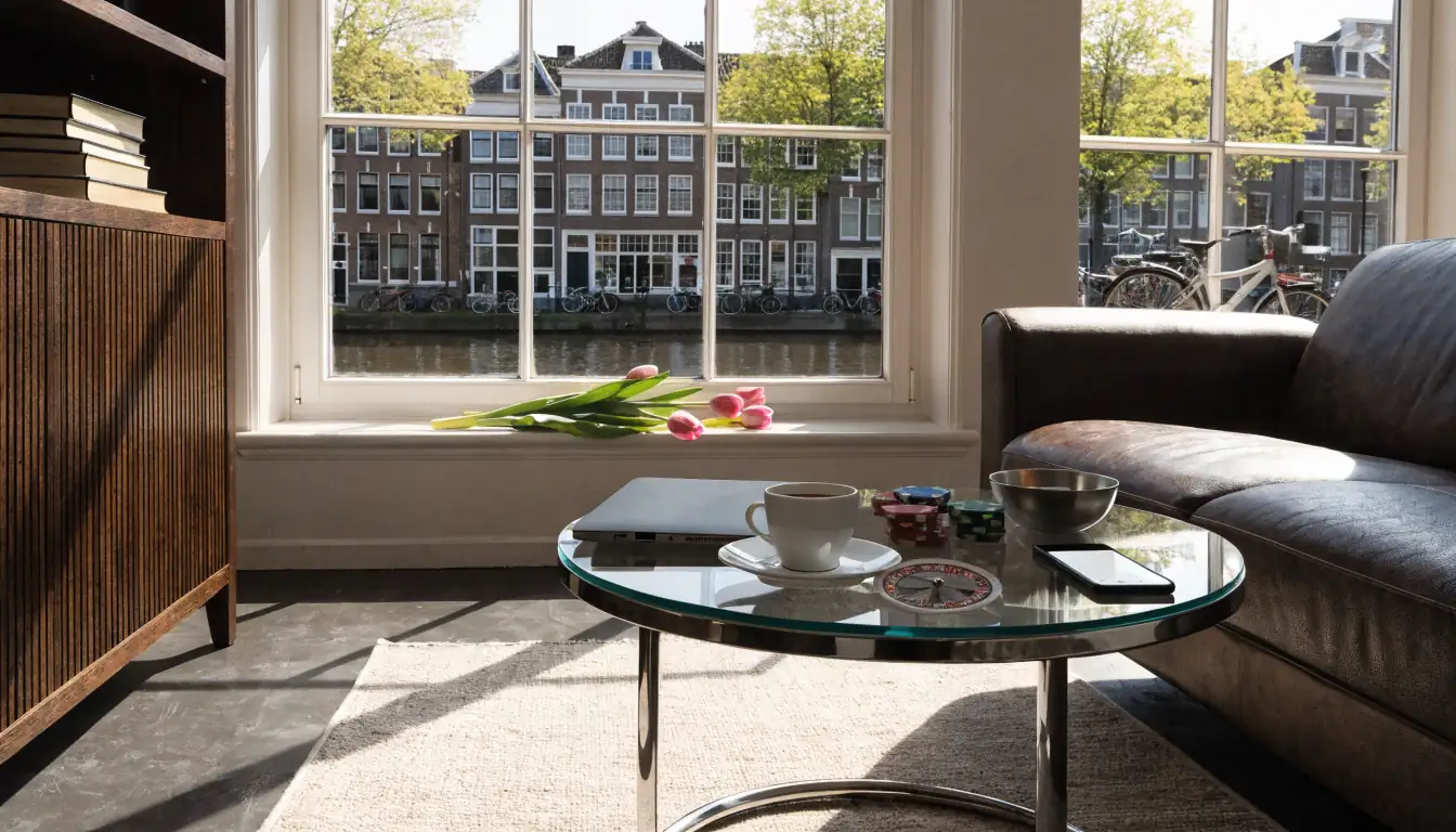 Huiskamer in Amsterdam met laptop, telefoon en casinofiches