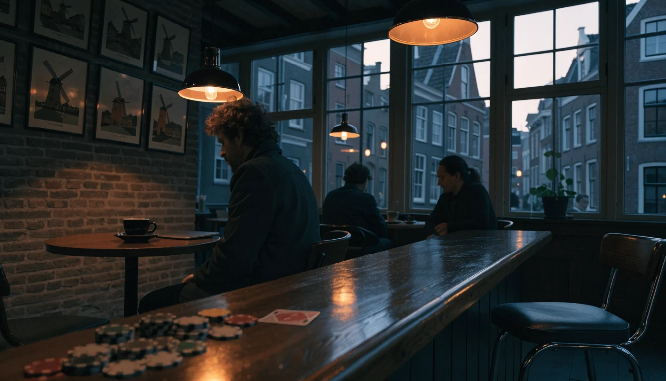 Modern cafe met koffie, gesloten laptop en pokerchips aan de bar