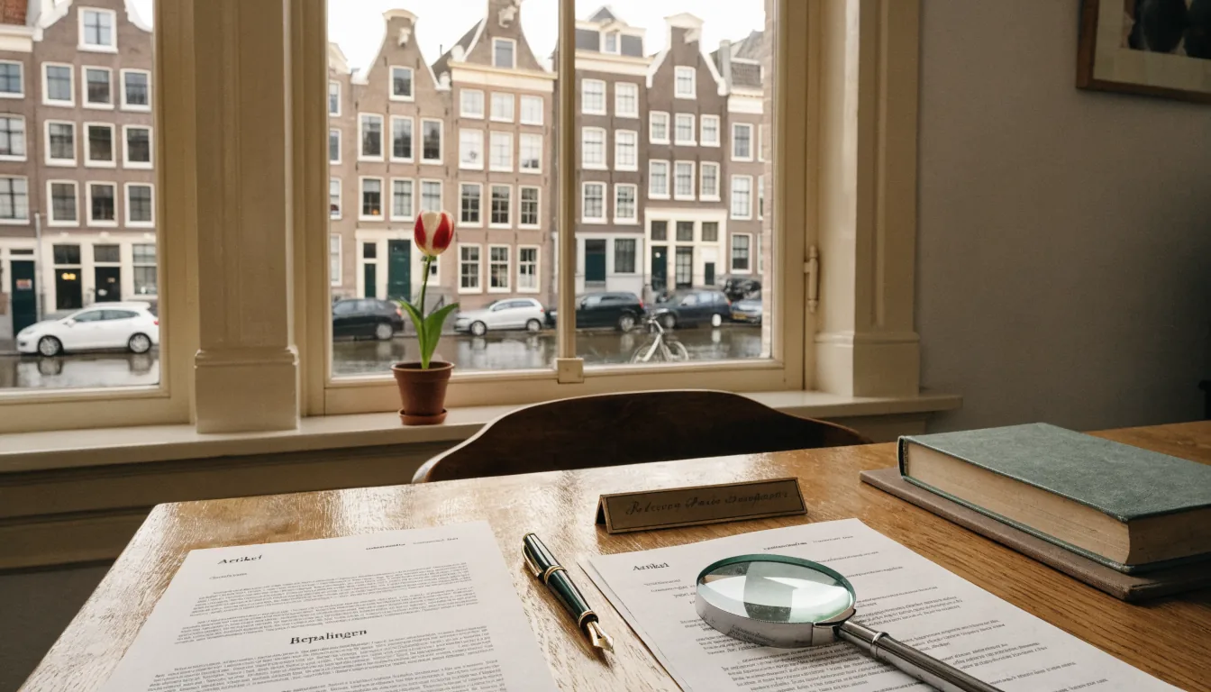 Werktafel met juridische documenten en pen bij een raam met uitzicht op een Amsterdamse gracht.
