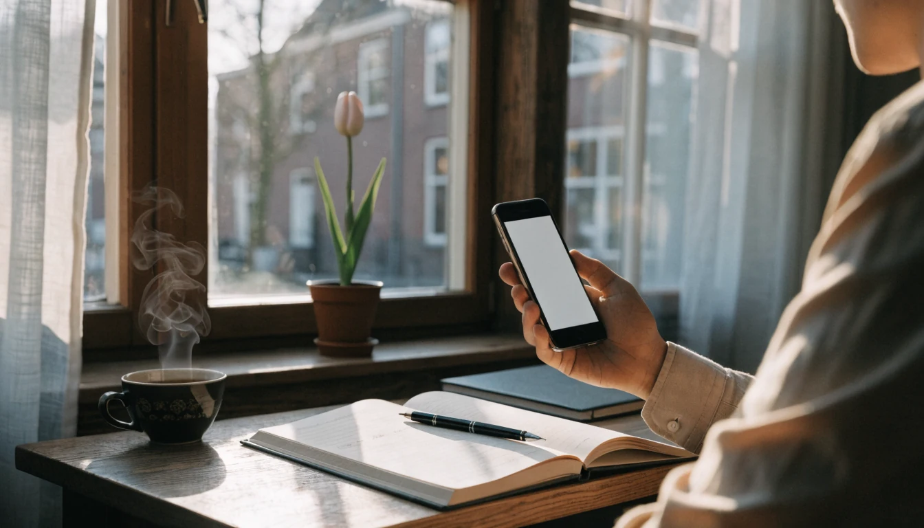 Bureau bij een raam met notitieboek, telefoon en koffie