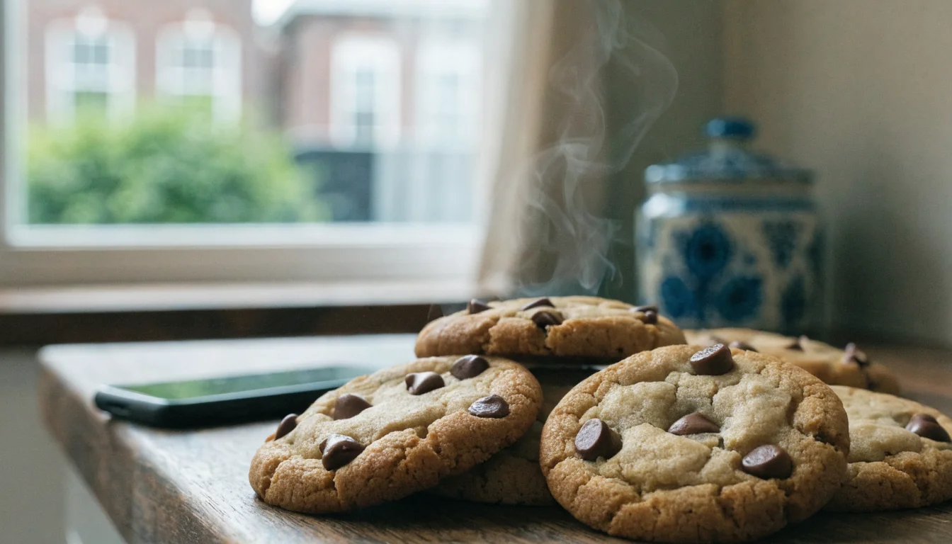 Vers gebakken chocoladekoekjes op een houten keukenblad naast een smartphone.