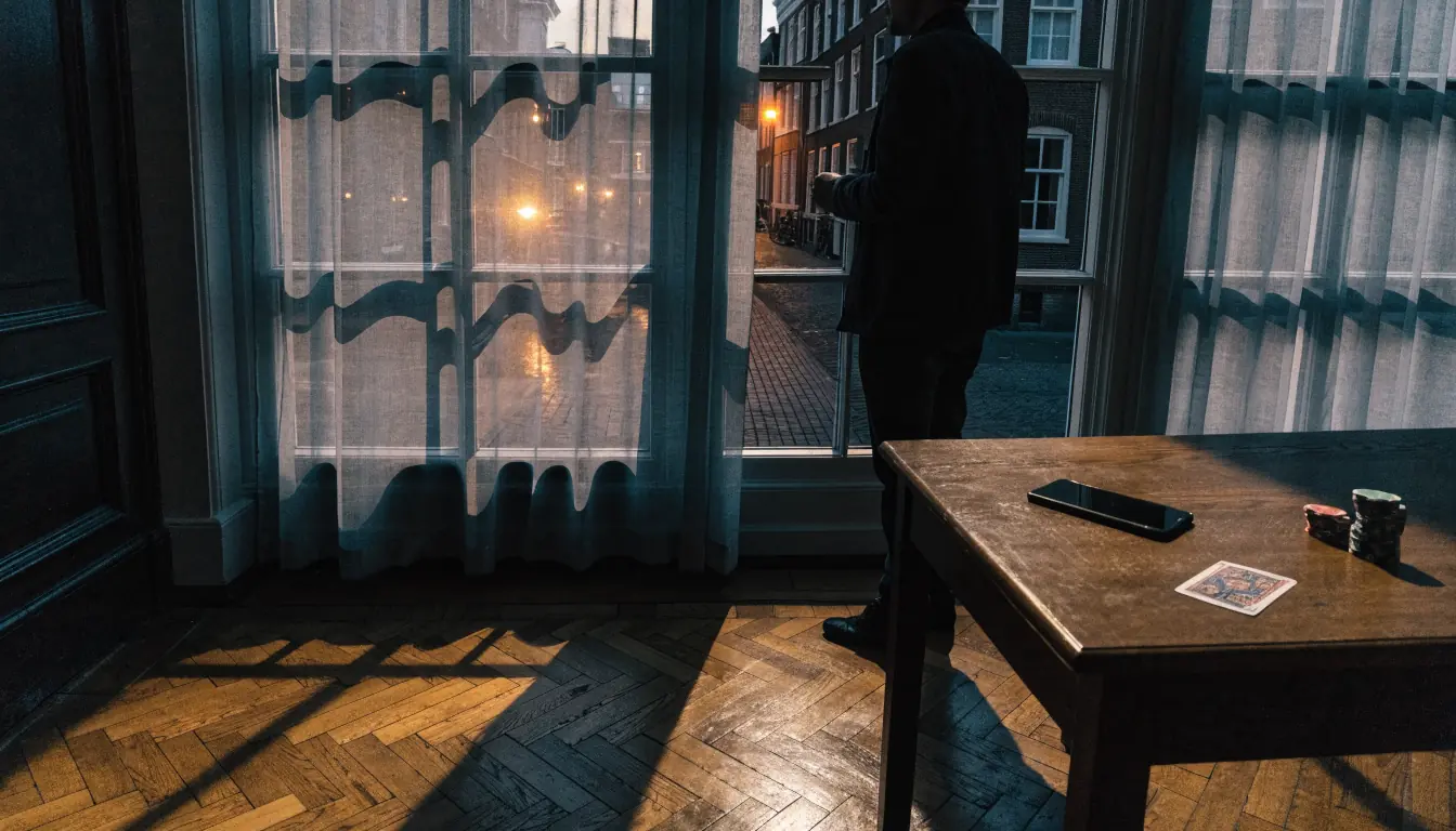 Man in een Nederlands grachtenpand die zich afwendt van een smartphone met speelfiches op tafel