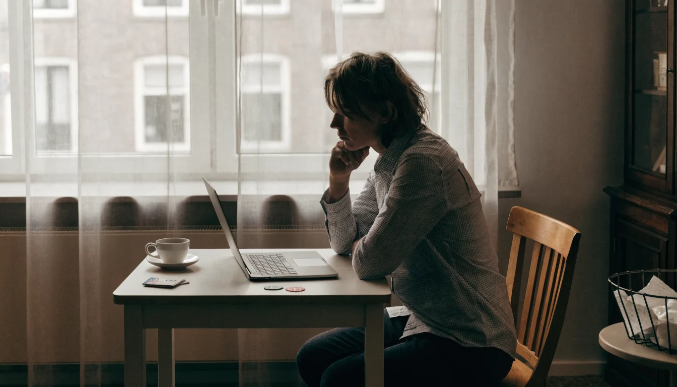 Persoon aan tafel met gesloten laptop en ongebruikte casinofiches in een rustig Nederlands interieur