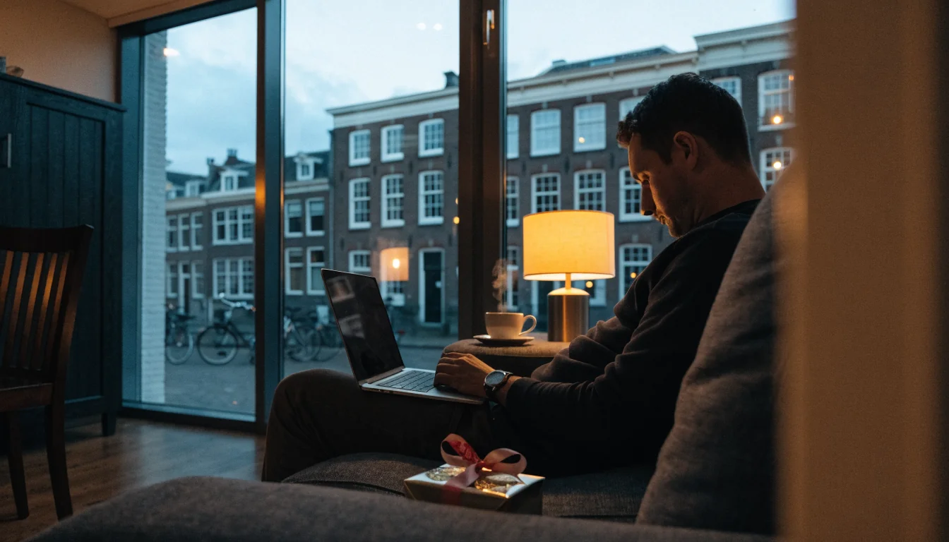 Nederlandse man thuis met laptop naast een cadeauverpakking met euromunten