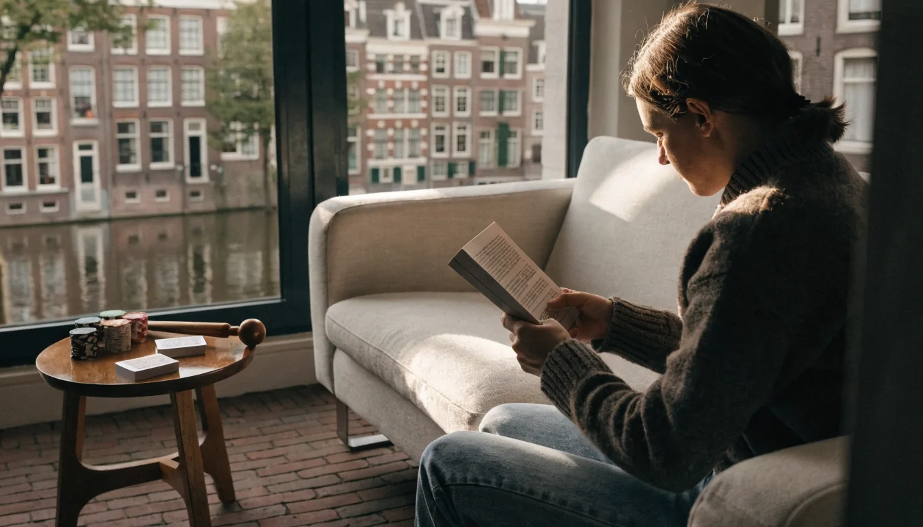 Huiskamer met casinospelmaterialen en uitzicht op een Amsterdamse gracht