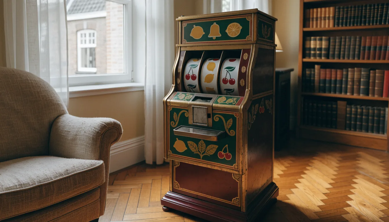 Klassieke mechanische gokkast in een gezellige Nederlandse woonkamer