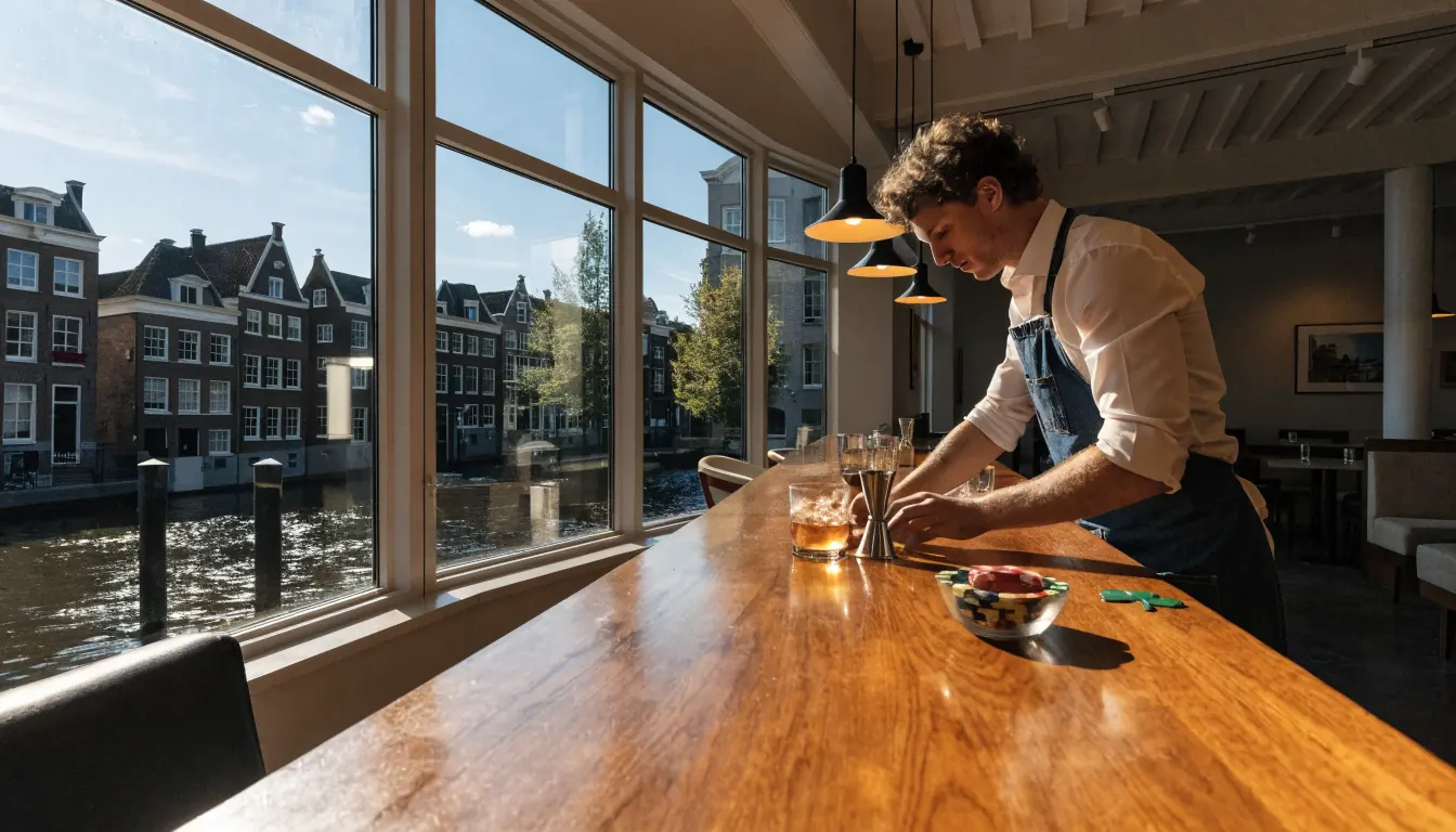 Modern casino lounge in Nederland met uitzicht op grachtenpanden