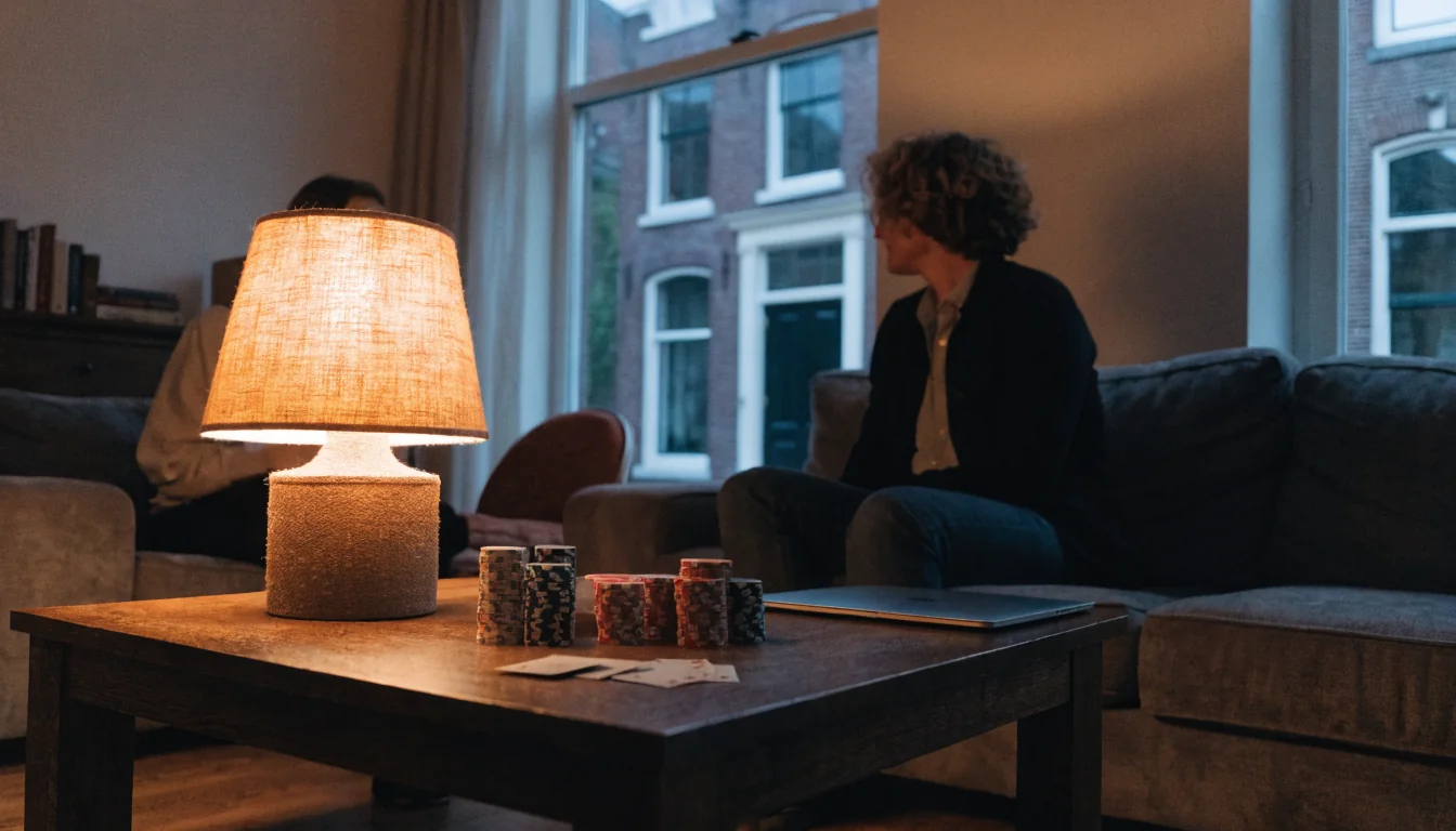 Sfeervolle Nederlandse woonkamer met pokerfiches en speelkaarten op een houten tafel bij schemerlicht.