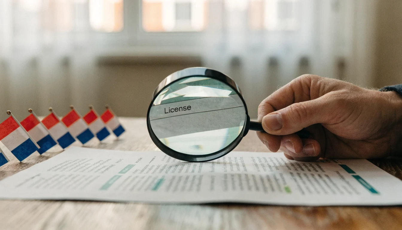 Vergunningsdocument gecontroleerd met vergrootglas op een bureau.