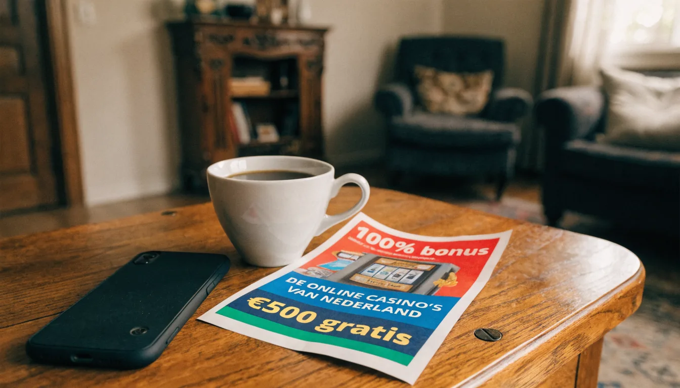 Smartphone met advertentie op tafel, promotie opzij gelegd.