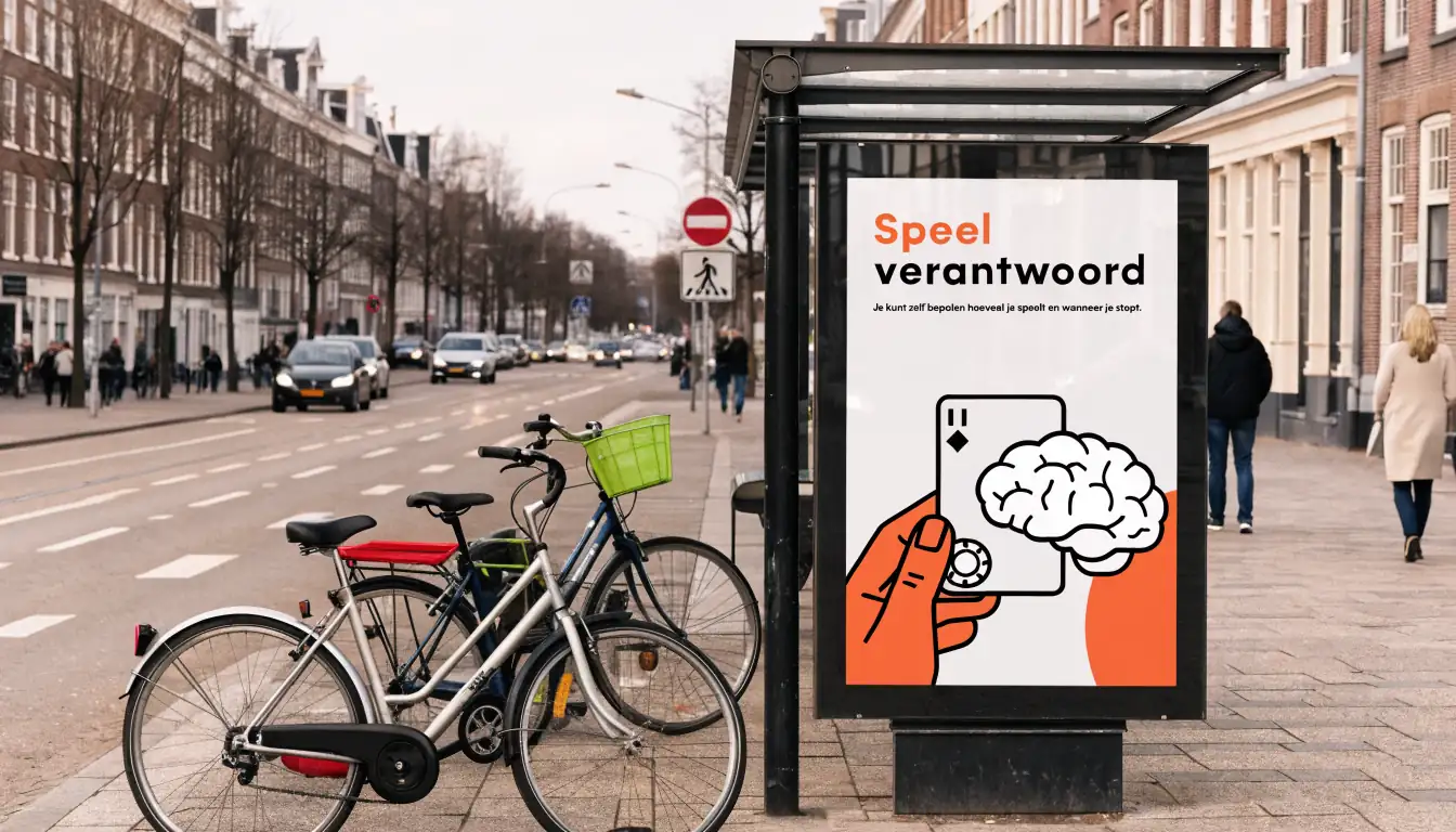 Bushokje met verantwoord spelen reclame in een straat.