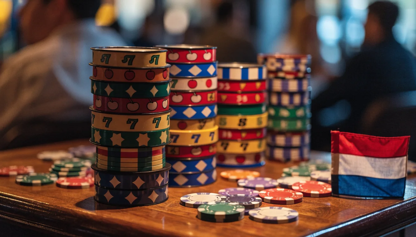 Casinochips en fysieke slotrollen op een houten tafel.