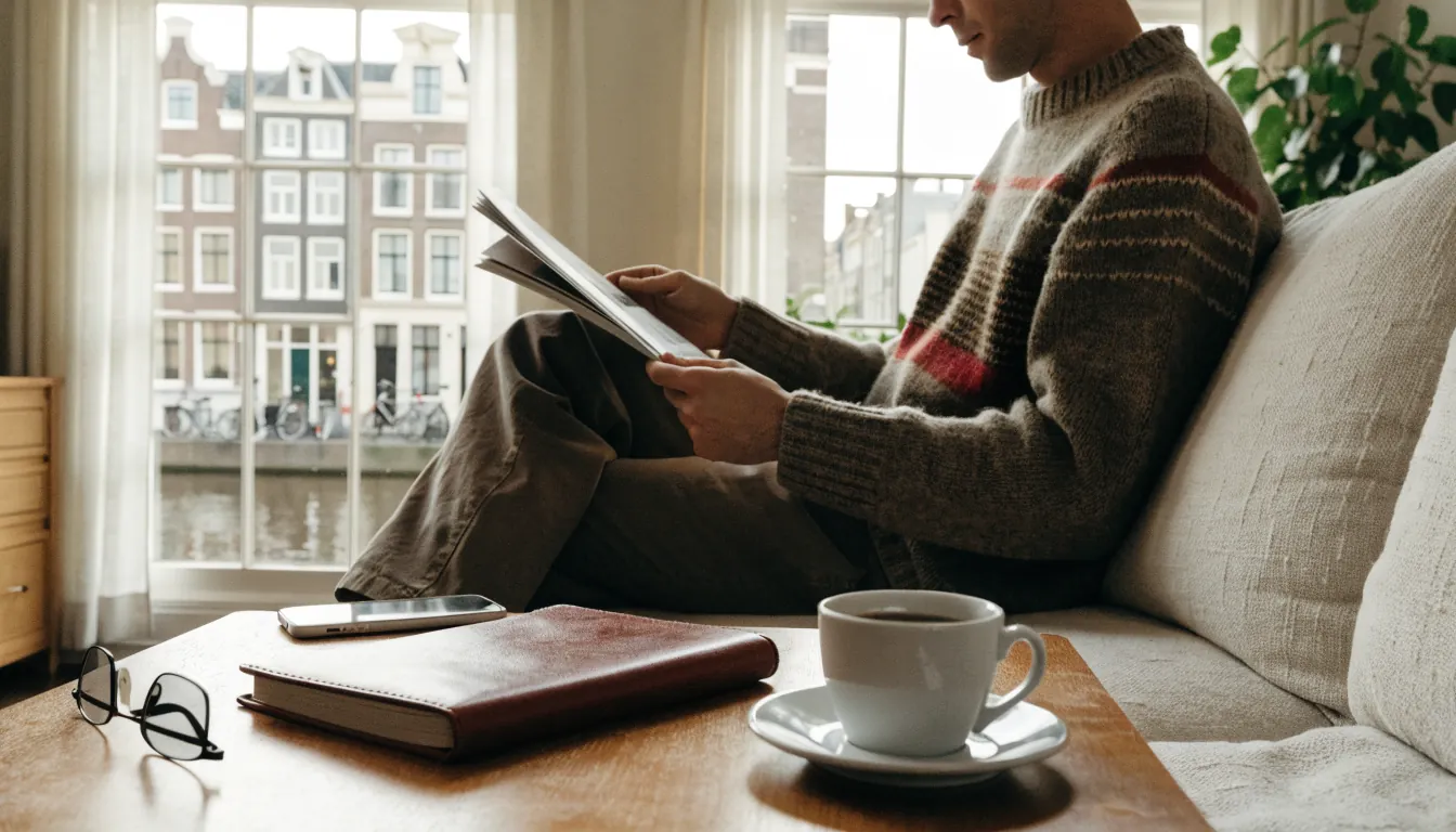 Nederlandse man in huiskamer met koffie en telefoon, kijkt naar tijdschrift bij het raam.