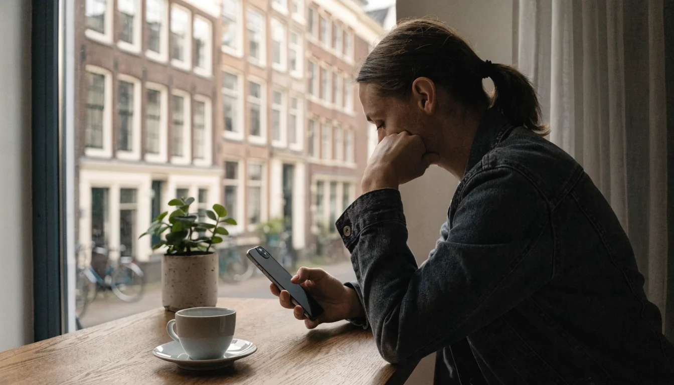 Nederlandse speler met iPhone in een modern appartement, Amsterdamse grachtenpanden zichtbaar door het raam.