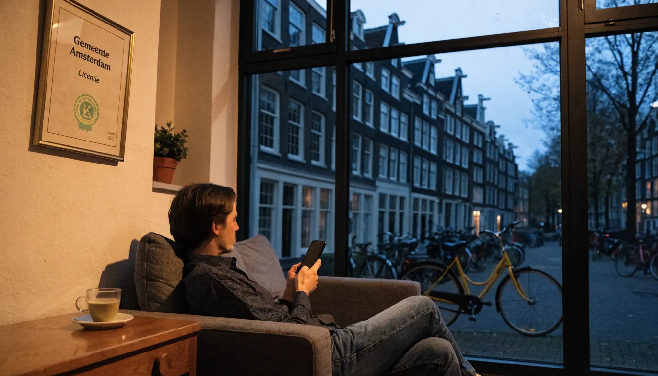 Nederlandse man op de bank met telefoon naast KSA-vergunning aan de muur