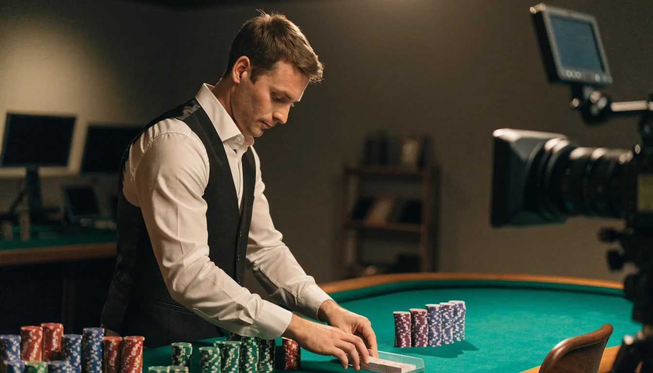 Live dealer aan speeltafel in een online live casino studio