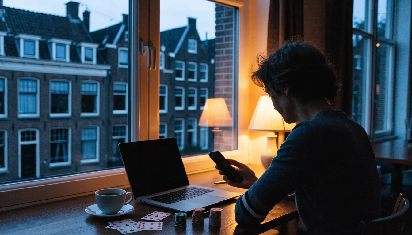 Nederlander speelt online casinospellen aan tafel thuis met kaarten en fiches