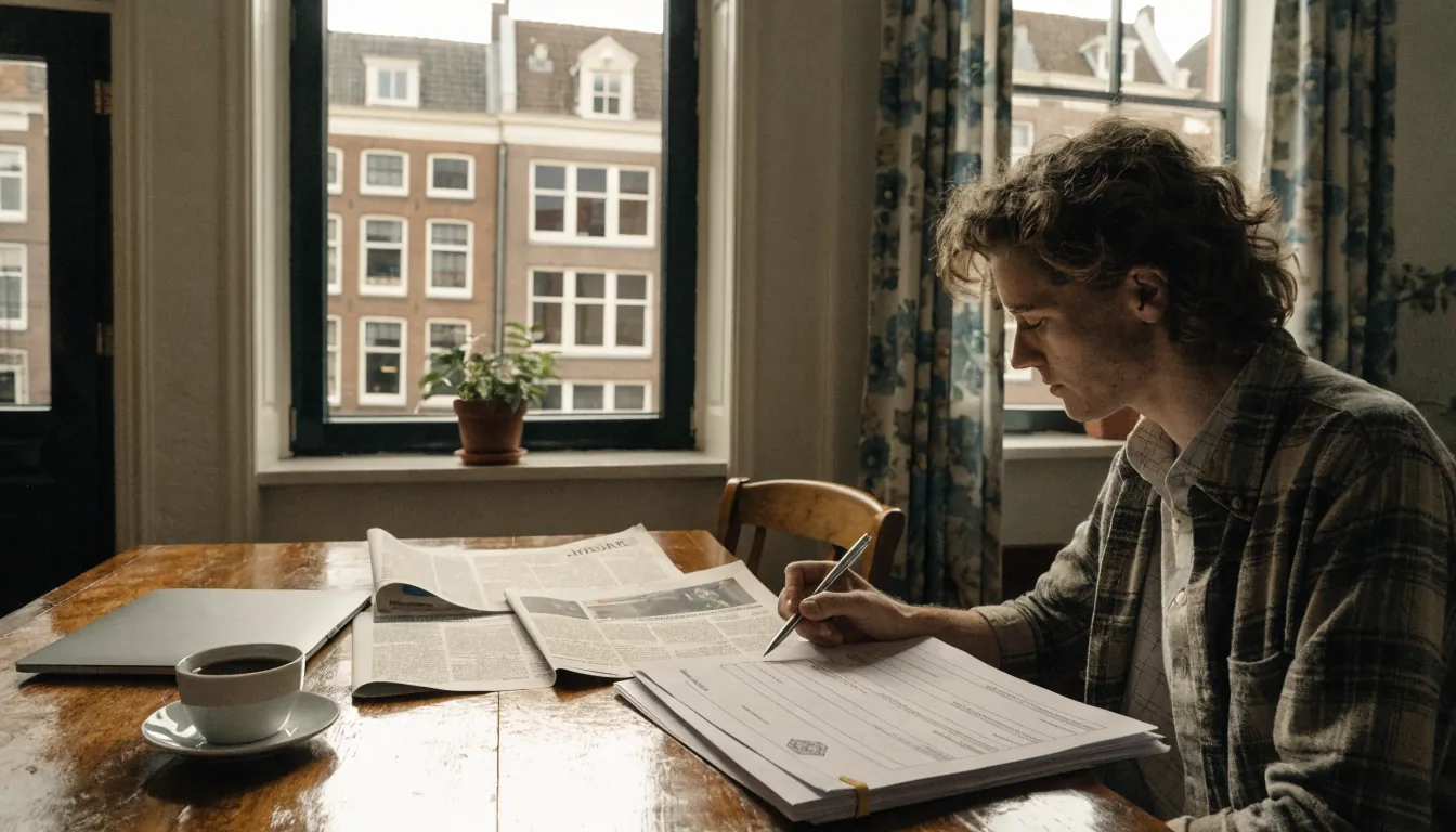 Nederlander aan tafel met gesloten laptop en documenten in een Amsterdams grachtenpand