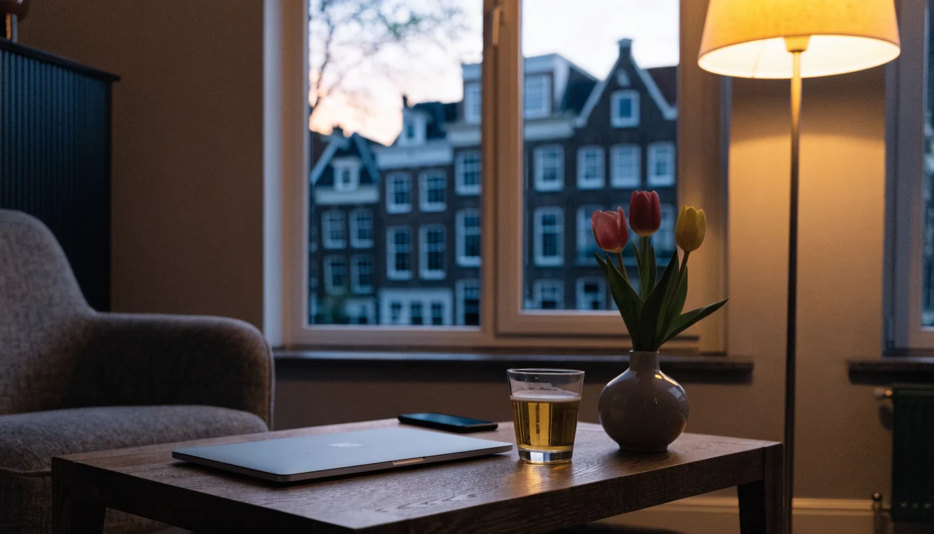 Moderne Nederlandse woonkamer met gesloten laptop en tulpenvaasje bij avondlicht