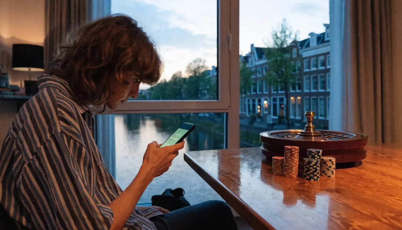 Nederlander met smartphone en casinofiches bij het raam