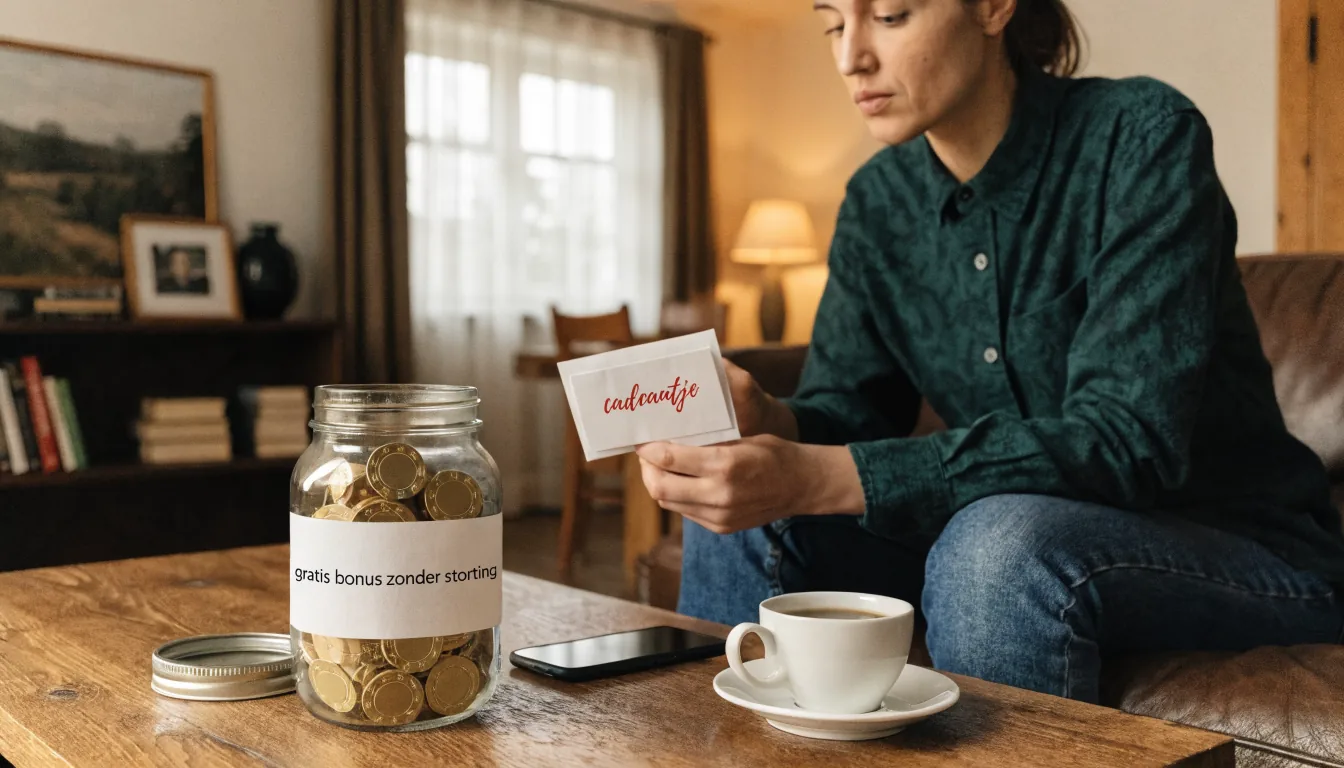 Woonkamer met een cadeau-envelop en pot met gouden casinofiches op tafel