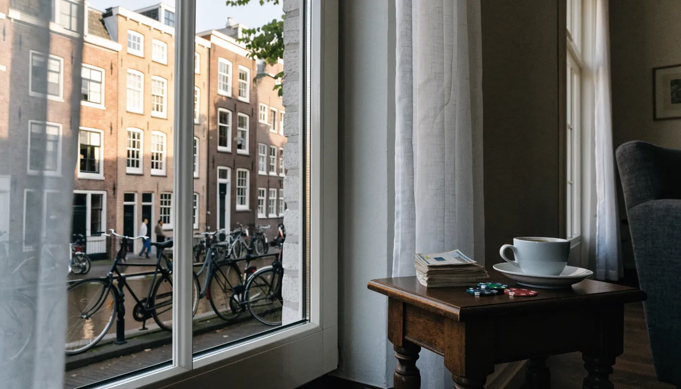 Nederlandse huiskamer met euro's, fiches en een kop koffie bij het raam.